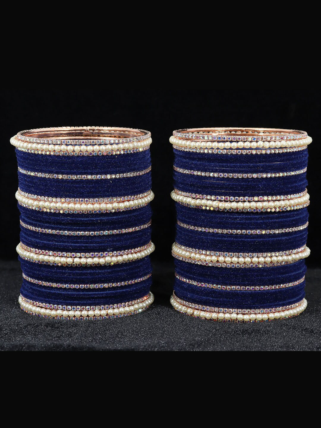 

NMII Set Of 78 Zircon Stone-Studded & Beaded Metal Velvet Bangles, Rose gold