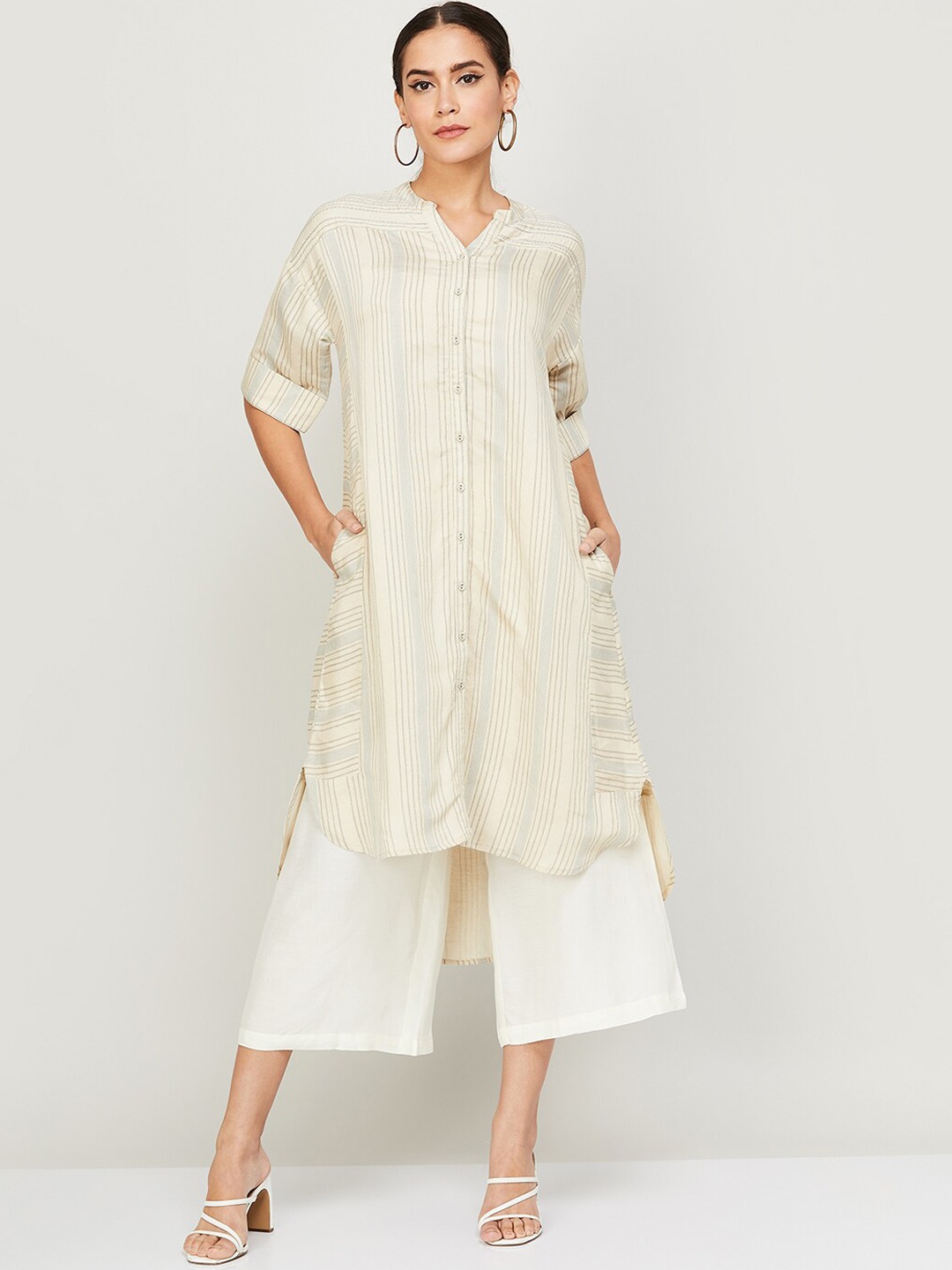 

Melange by Lifestyle Striped Linen Notched Neck Kurta, Beige