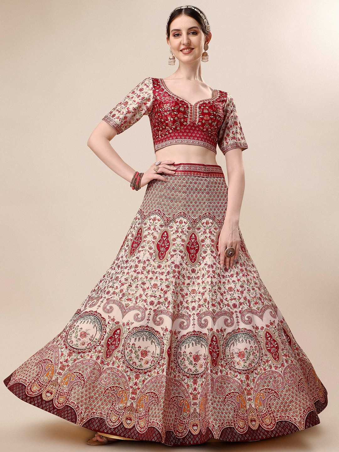 

SAPTRANGI Ethnic Motifs Printed Ready to Wear Lehenga & Blouse With Dupatta, Red