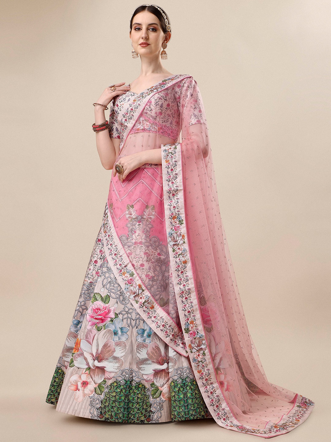 

SAPTRANGI Printed Ready to Wear Lehenga & Blouse With Dupatta, Pink