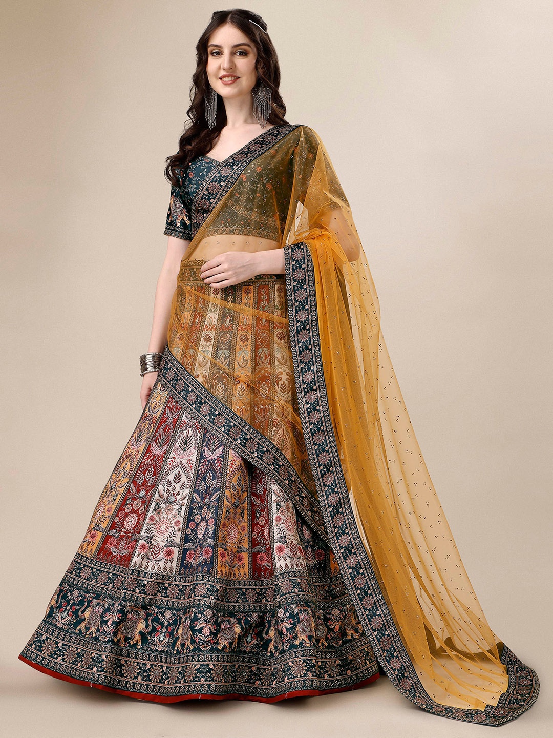 

SAPTRANGI Printed Beads & Stones Ready to Wear Lehenga & Blouse With Dupatta, Green