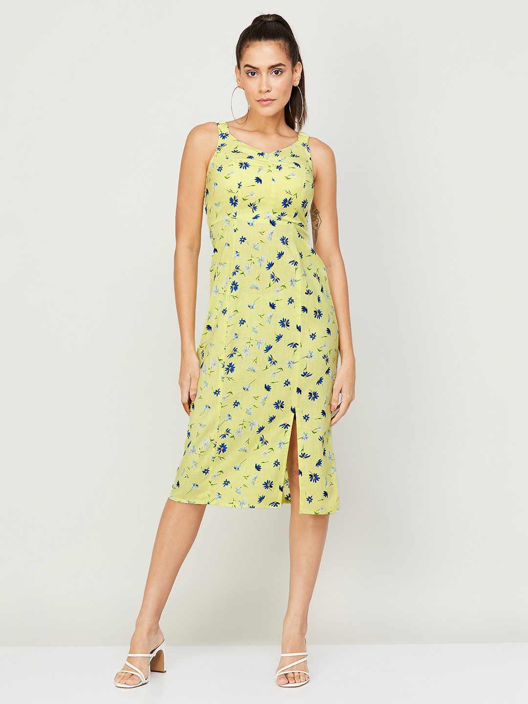 

Ginger by Lifestyle Floral Printed Linen Midi Sheath Dress, Yellow