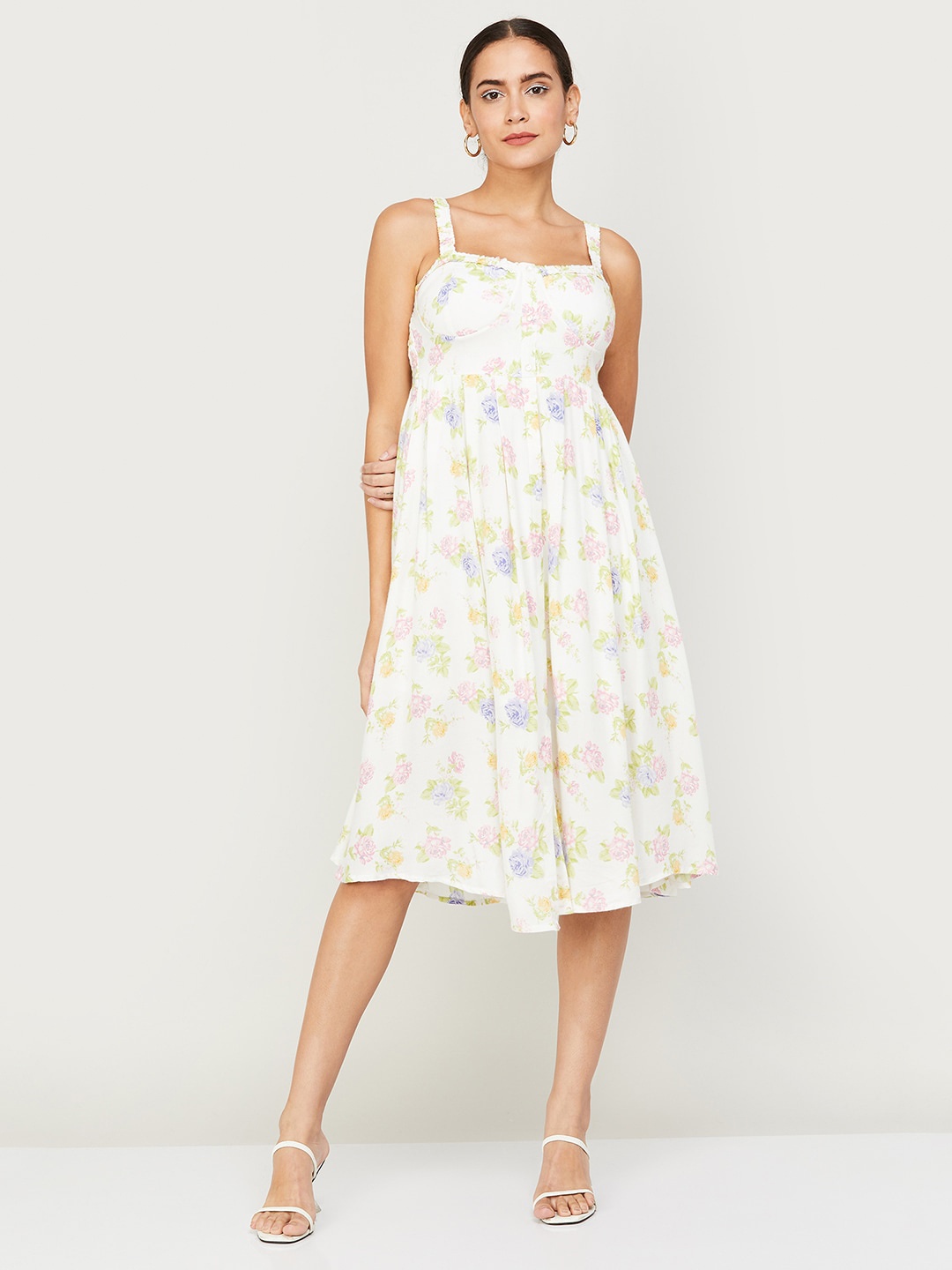 

Ginger by Lifestyle Pleated Floral Printed Shoulder Straps Midi Empire Dress, White