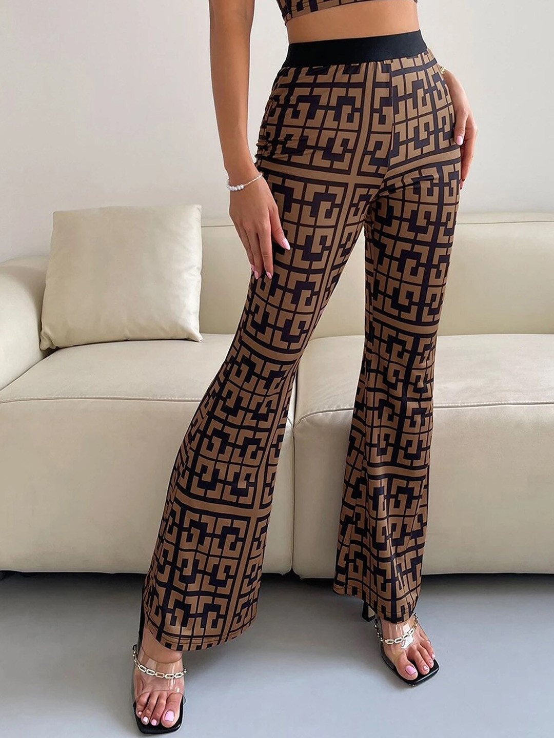 

Sugathari Women Printed Slim Fit Wrinkle Free Bootcut Trousers, Brown