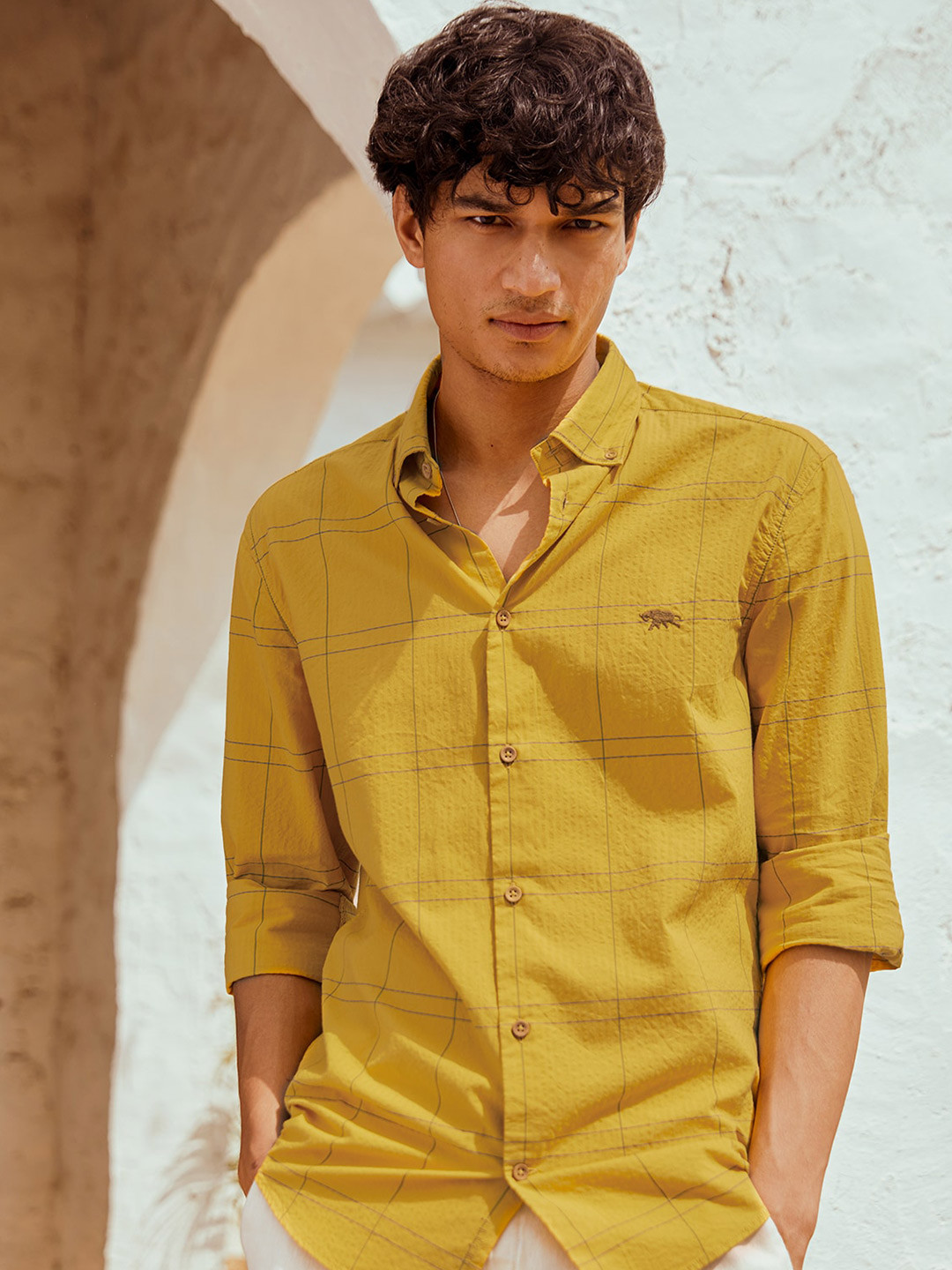 

Andamen Classic Slim Fit Checked Cotton Casual Shirt, Mustard