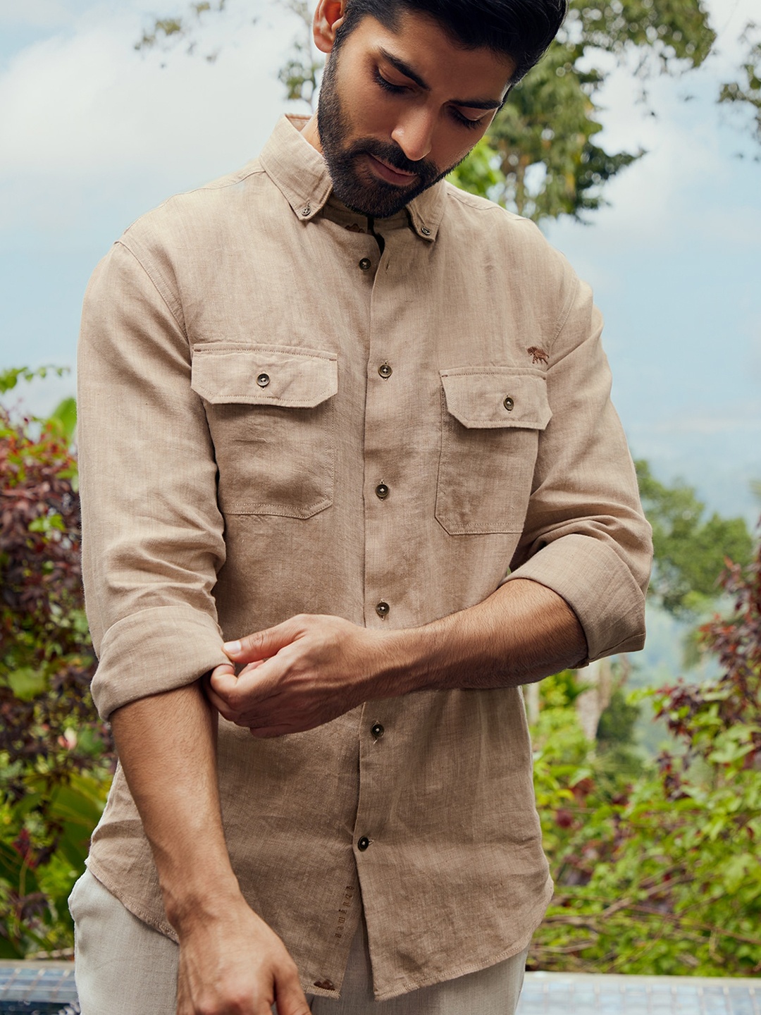 

Andamen Classic Slim Fit Button Down Collar Linen Casual Shirt, Brown
