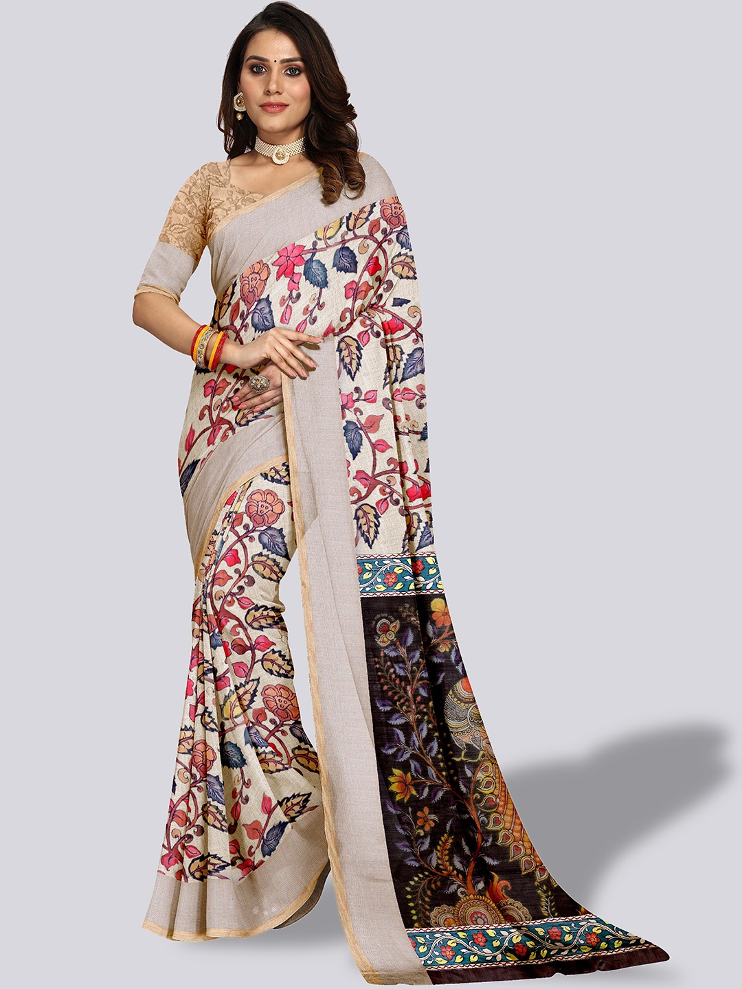 

VENISA Floral Printed Zari Linen Blend Bagh Saree, Cream