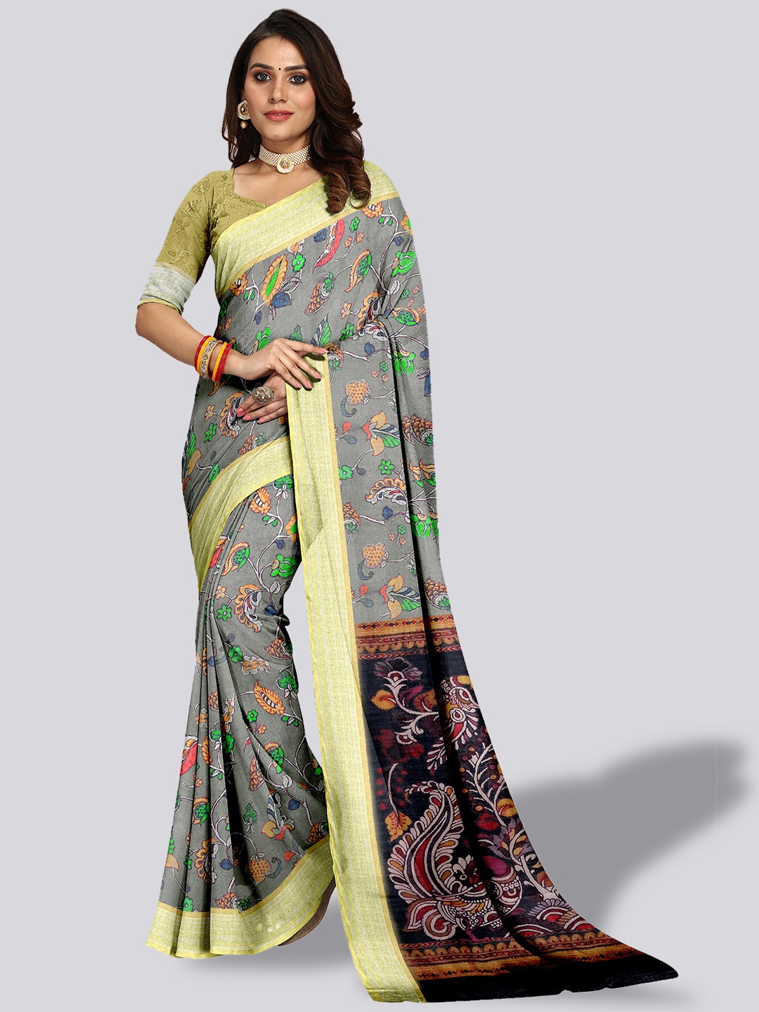 

VENISA Ethnic Motifs Printed Zari Linen Blend Bagh Saree, Grey