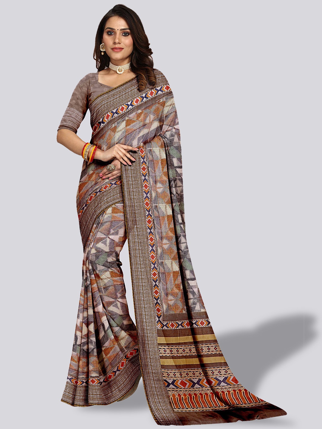 

VENISA Geometric Printed Zari Linen Blend Bagh Saree, Brown