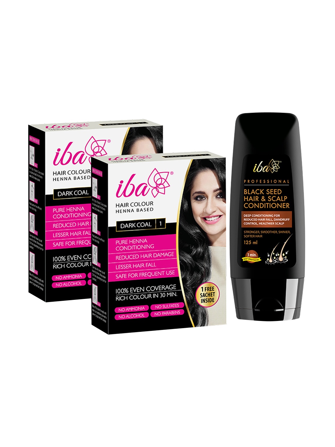 

Iba Professional Set of 2 Henna Based Hair Colour 60g Each & Hair Conditioner 125ml, Black