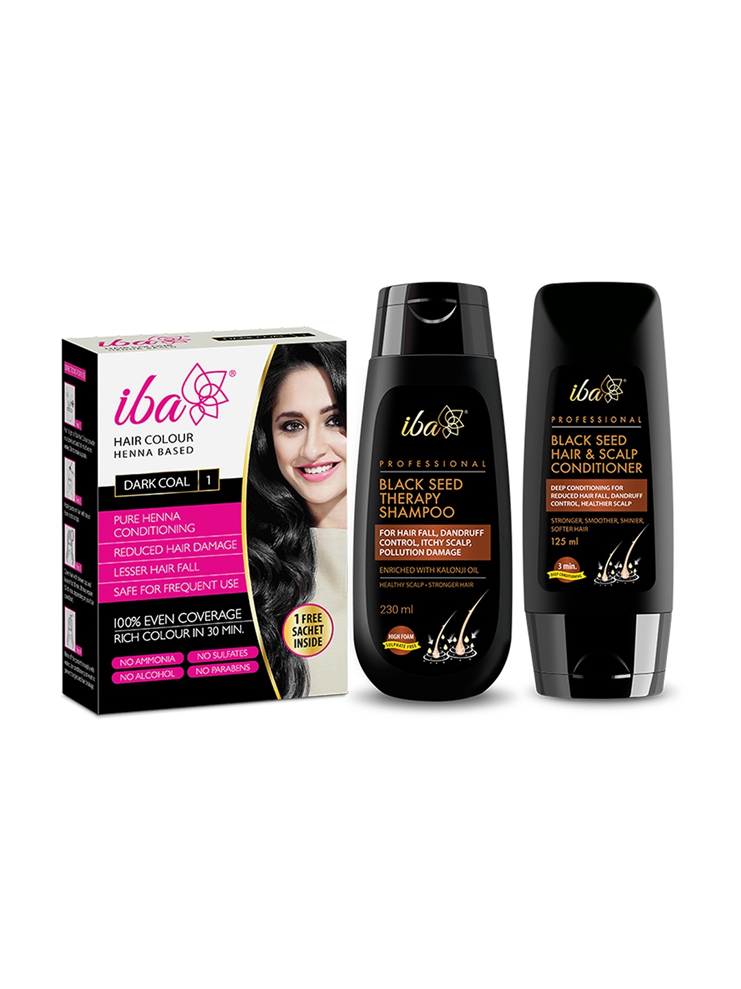 

Iba Henna Based Hair Colour 60g + Black Seed Shampoo 230ml + Hair Conditioner 125ml