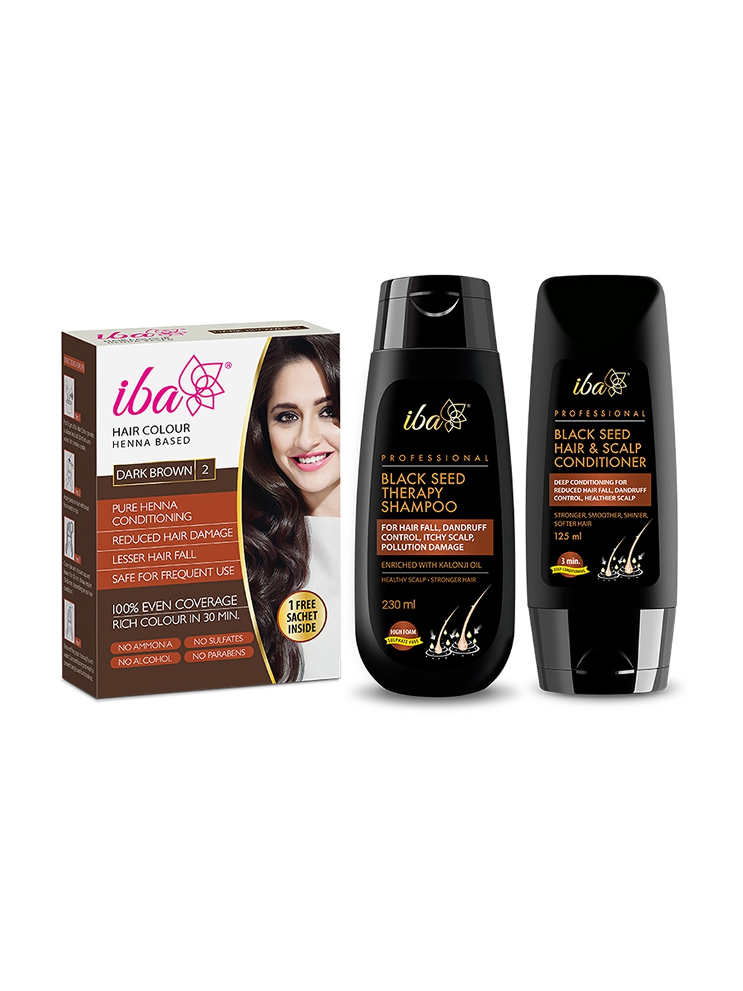 

Iba Henna Based Hair Colour 60g + Black Seed Shampoo 230ml + Hair Conditioner 125ml, Brown