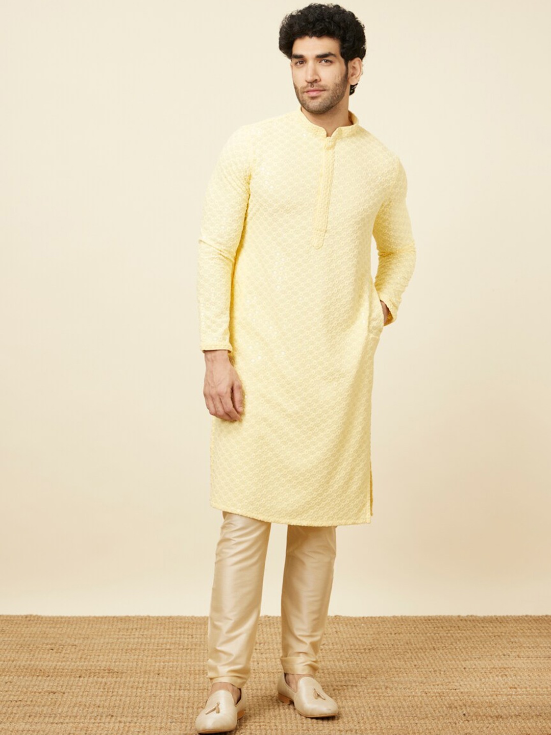 

Manyavar Ethnic Motifs Embroidered Sequinned Kurta With Pyjamas, Yellow