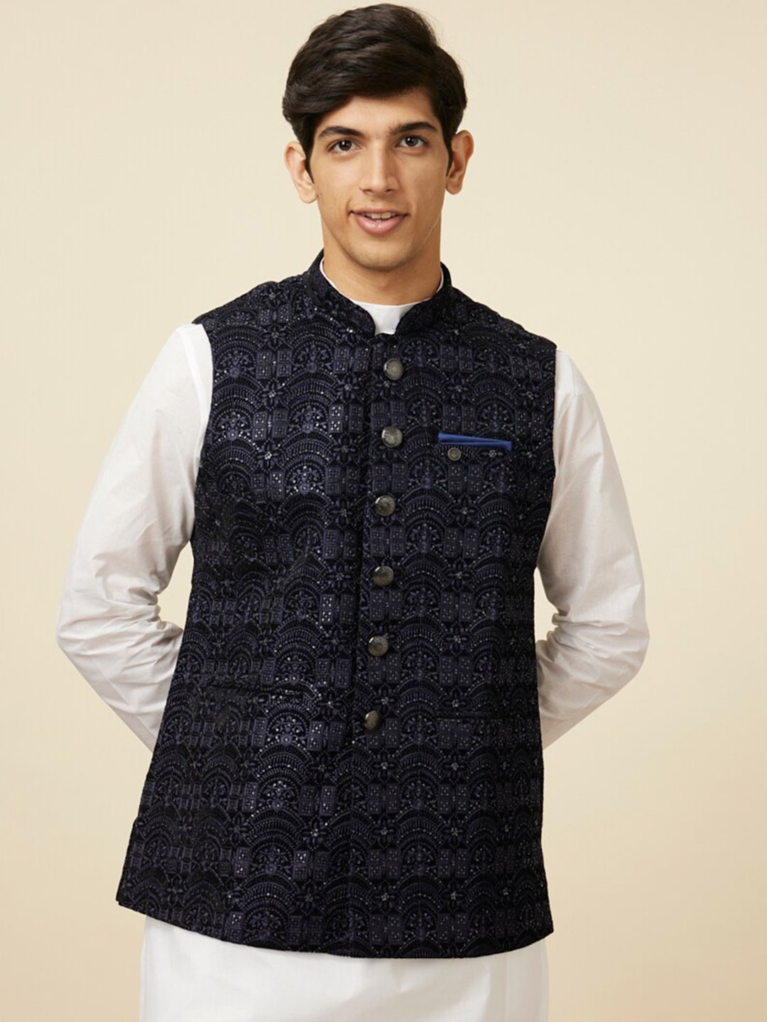 

Manyavar Men Embroidered Velvet Nehru Jacket, Blue