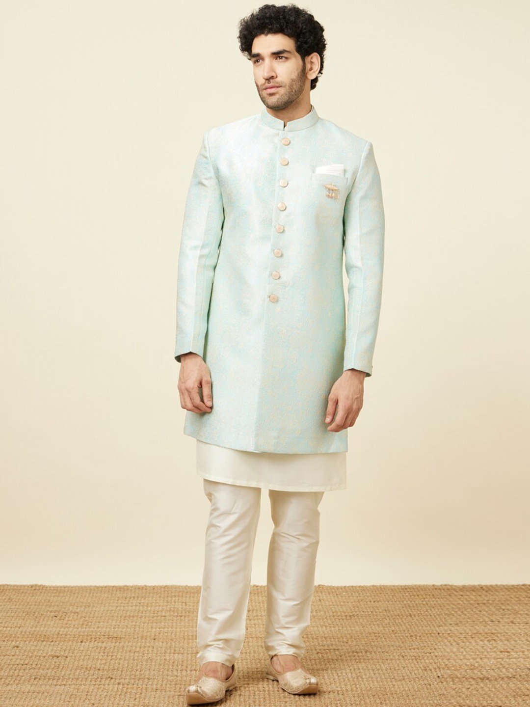 

Manyavar Self Design Brocade Mandarin Collar Sherwani, Blue
