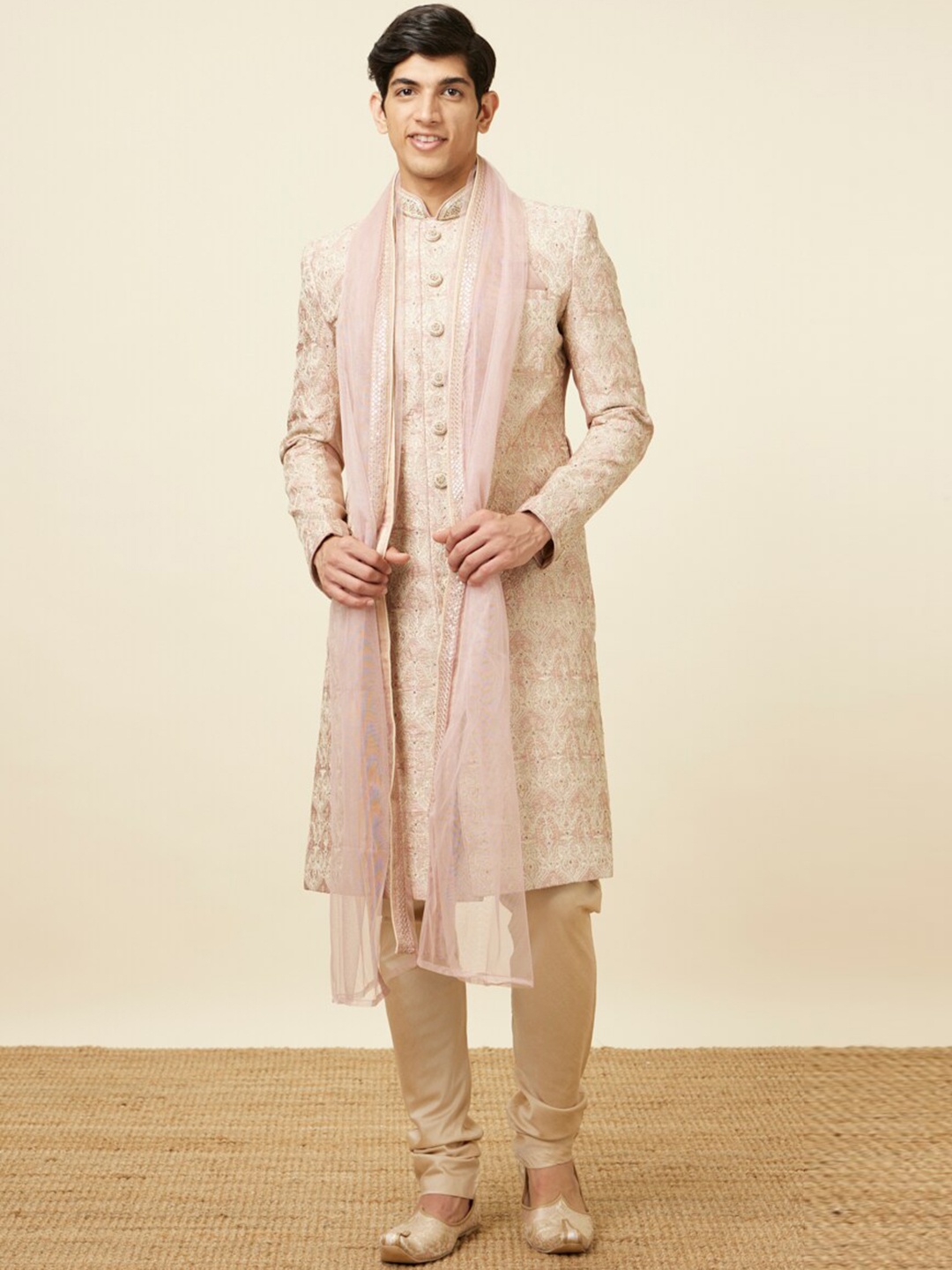 

Manyavar Embroidered Mandarin Collar Sherwani, Pink