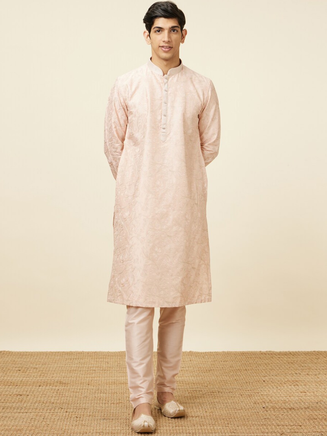 

Manyavar Ethnic Motifs Embroidered Thread Work Kurta With Pyjamas, Pink