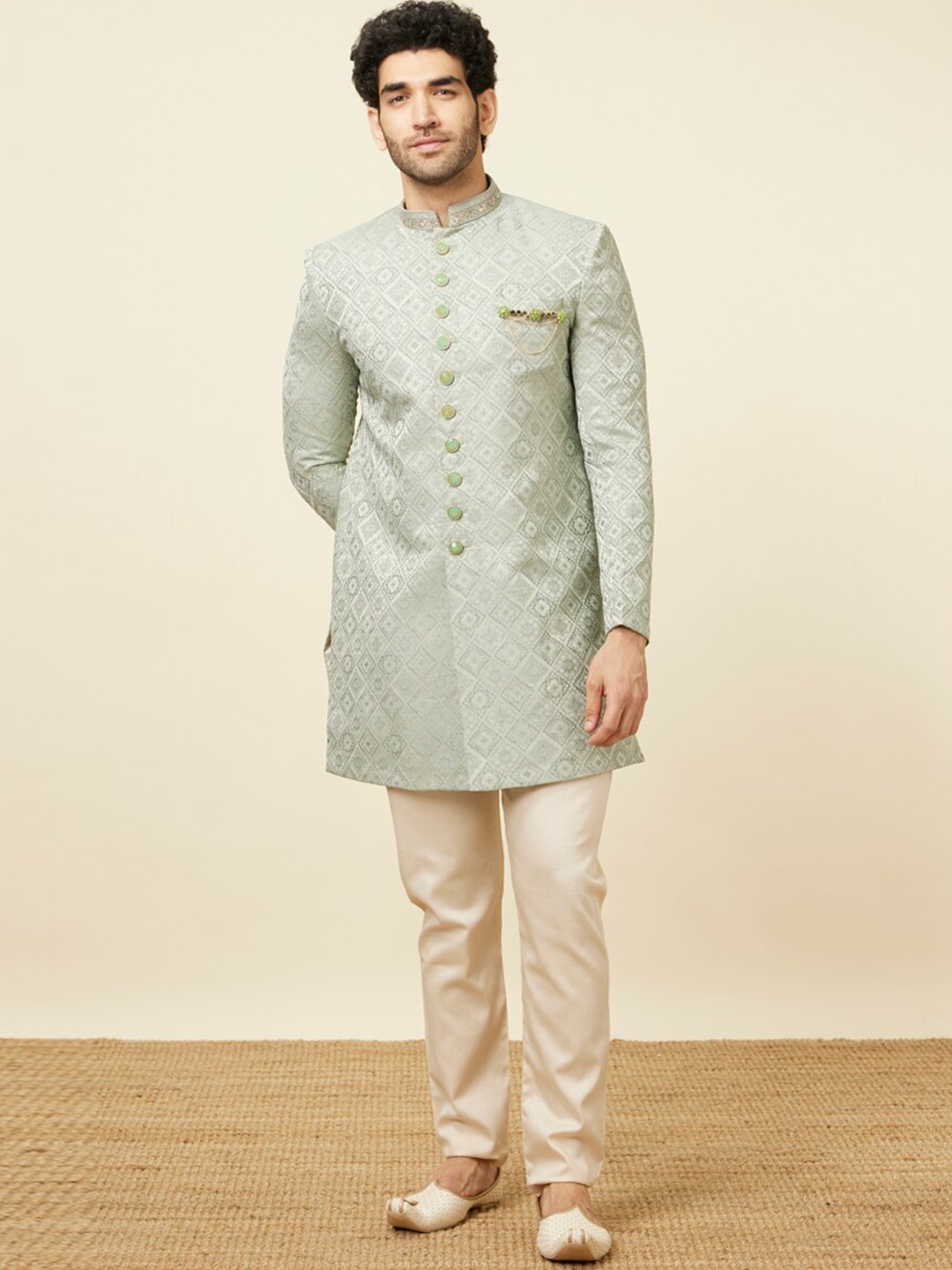 

Manyavar Brocade Self Design Sherwani, Sea green