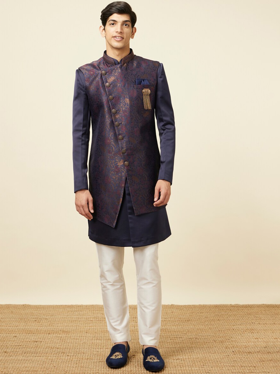 

Manyavar Woven Design Sherwani & Trouser With Jacket, Blue