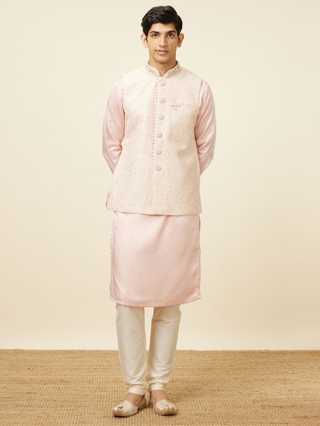 

Manyavar Men Straight Kurta And Pyjamas With Woven Design Nehru Jacket Set, Pink