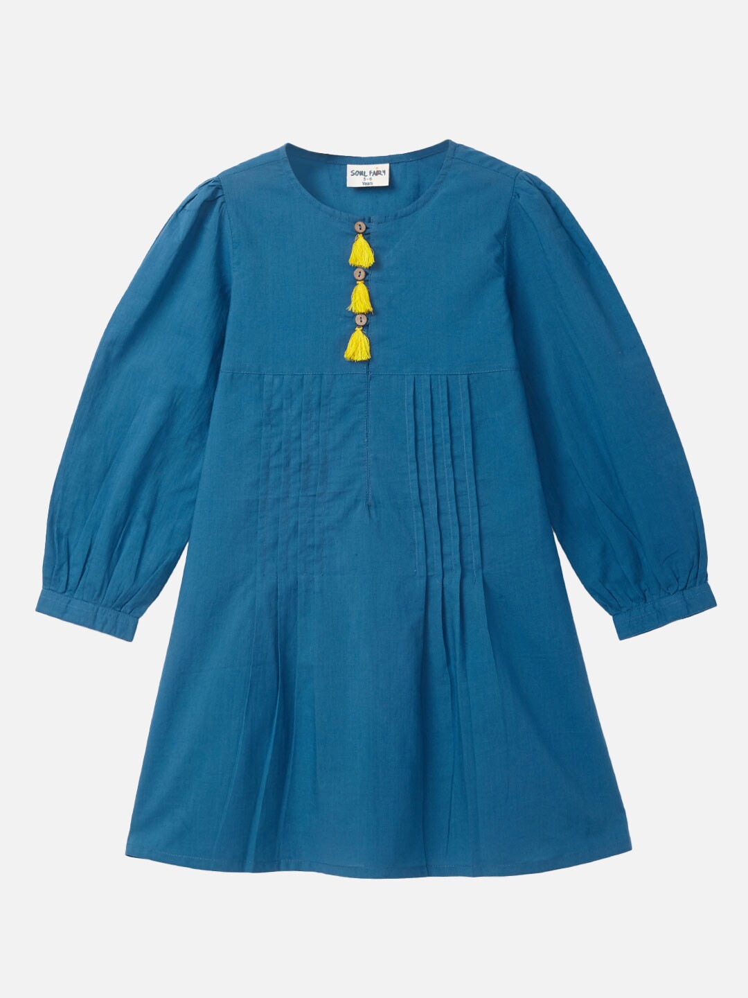 

SOULFAIRY Girls Puffed Sleeves Cotton A-Line Dress, Blue
