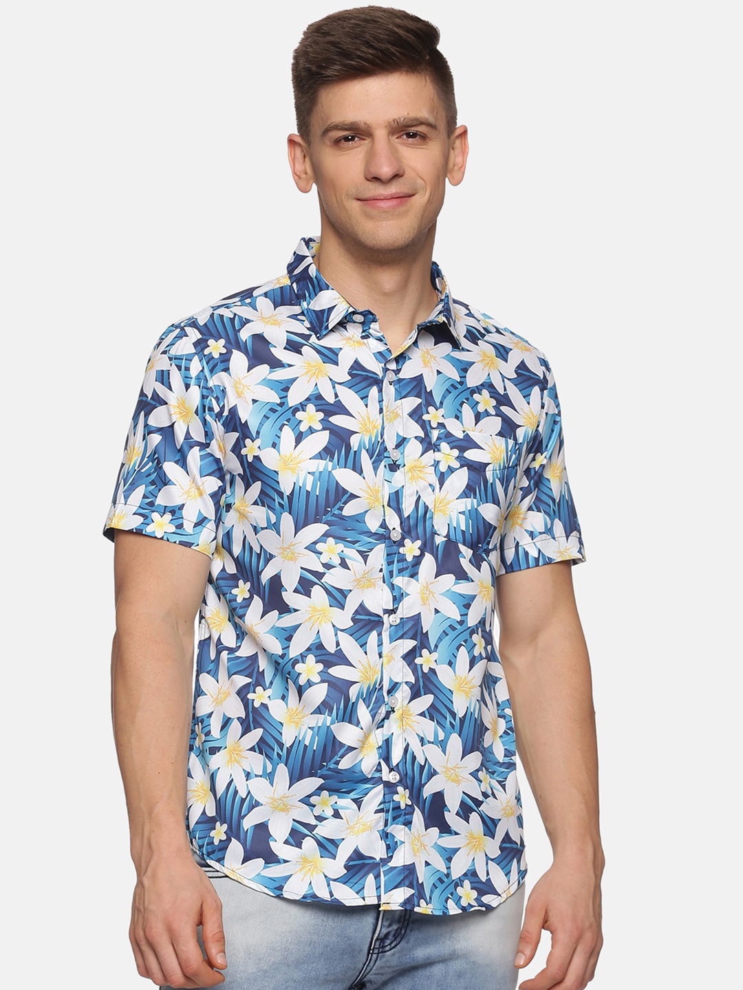 

Tusok Smart Tropical Printed Spread Collar Casual Shirt, Blue