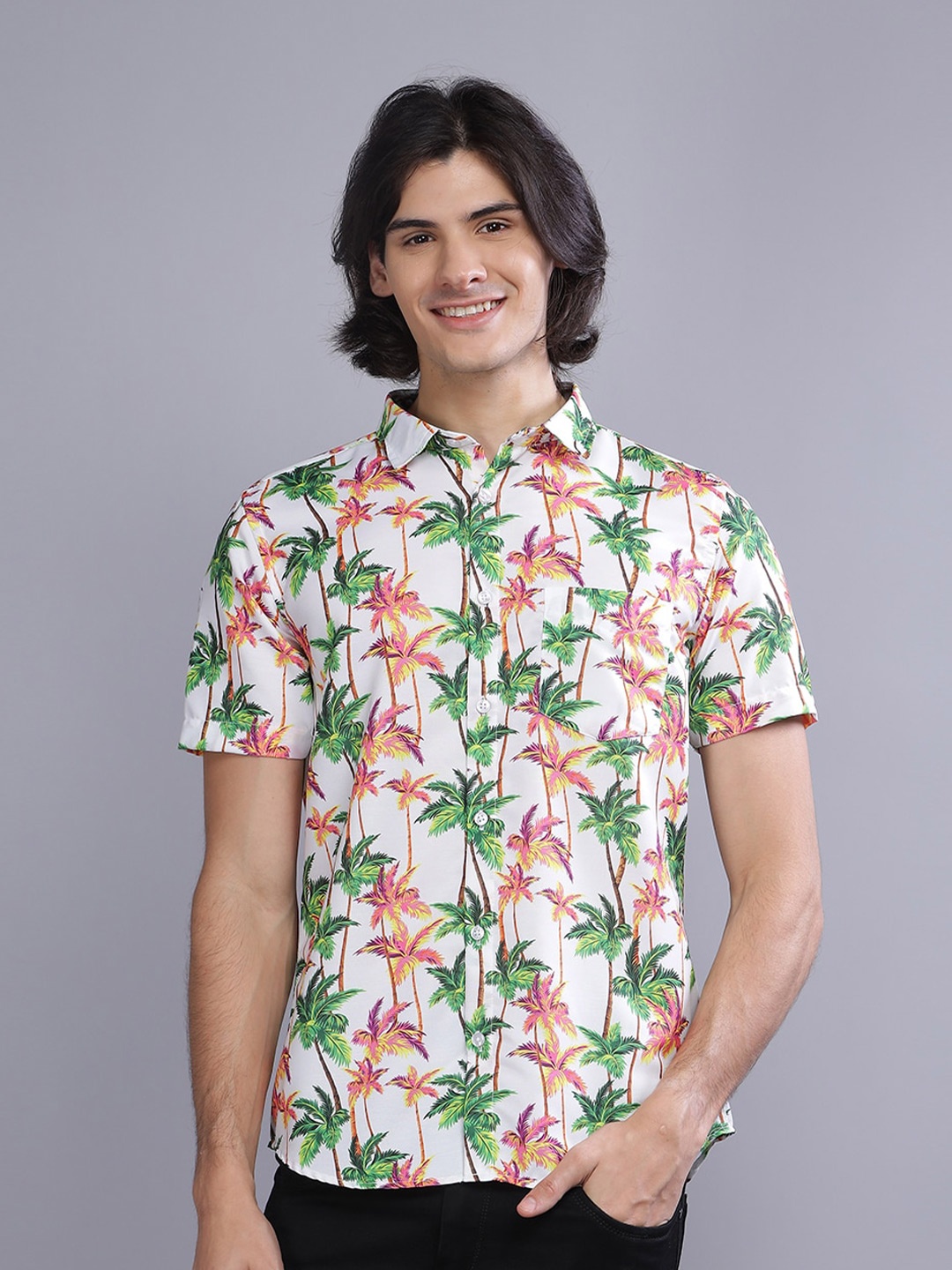 

Tusok Smart Tropical Printed Spread Collar Casual Shirt, White