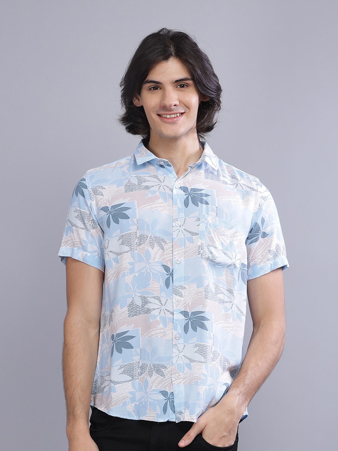 

Tusok Smart Tropical Printed Spread Collar Casual Shirt, Blue
