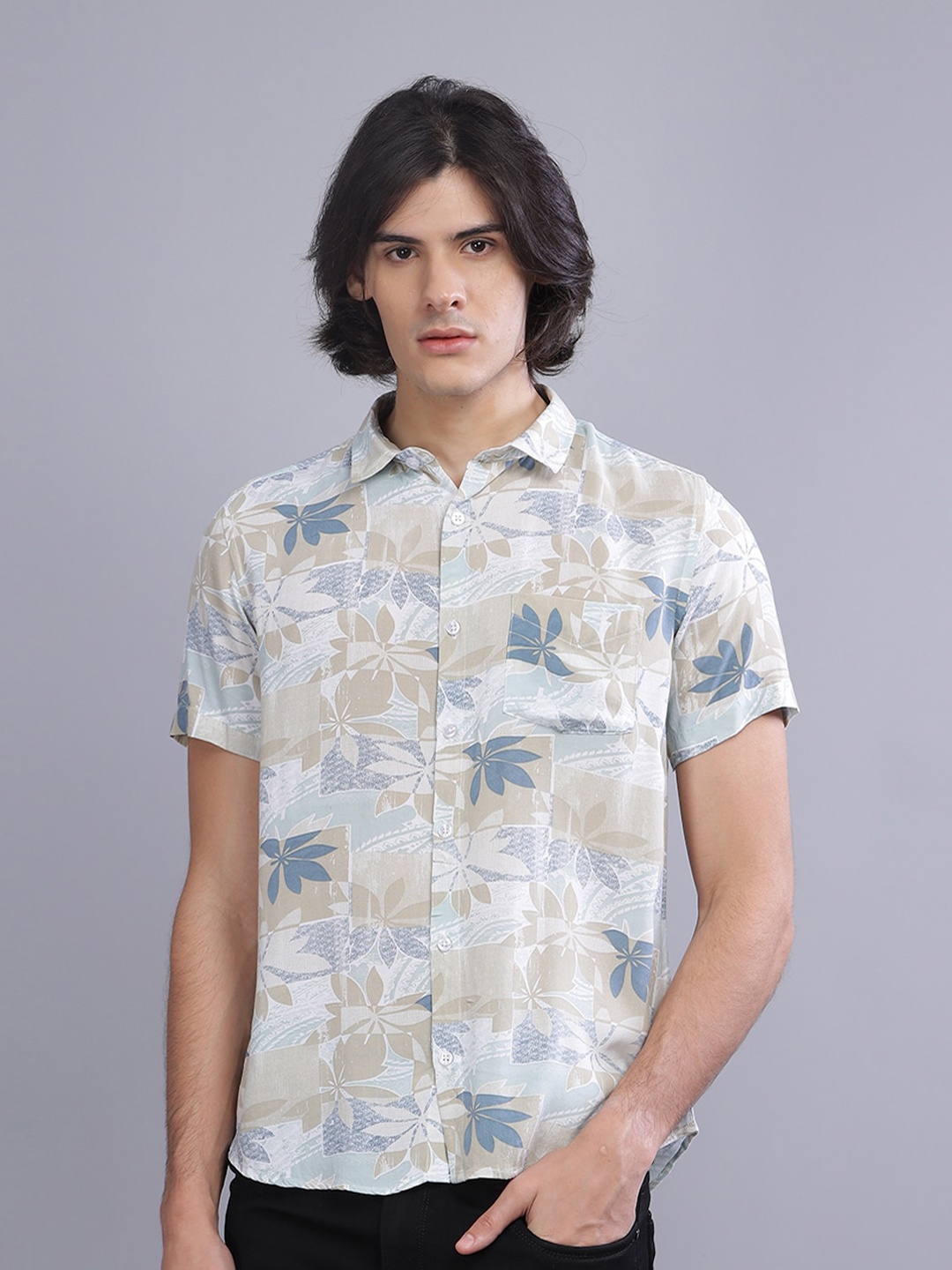 

Tusok Smart Tropical Printed Spread Collar Casual Shirt, Olive