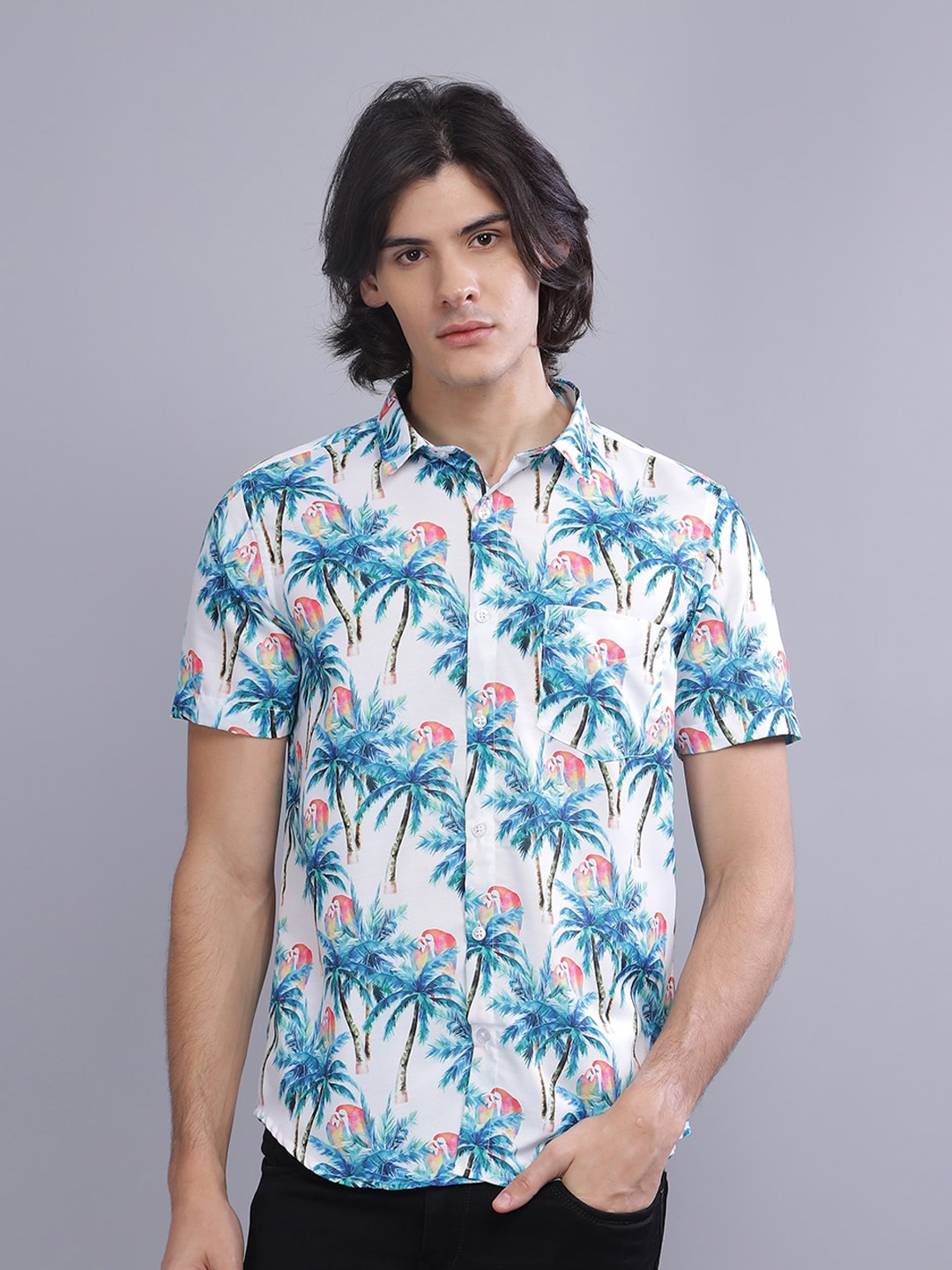 

Tusok Smart Tropical Printed Spread Collar Casual Shirt, White
