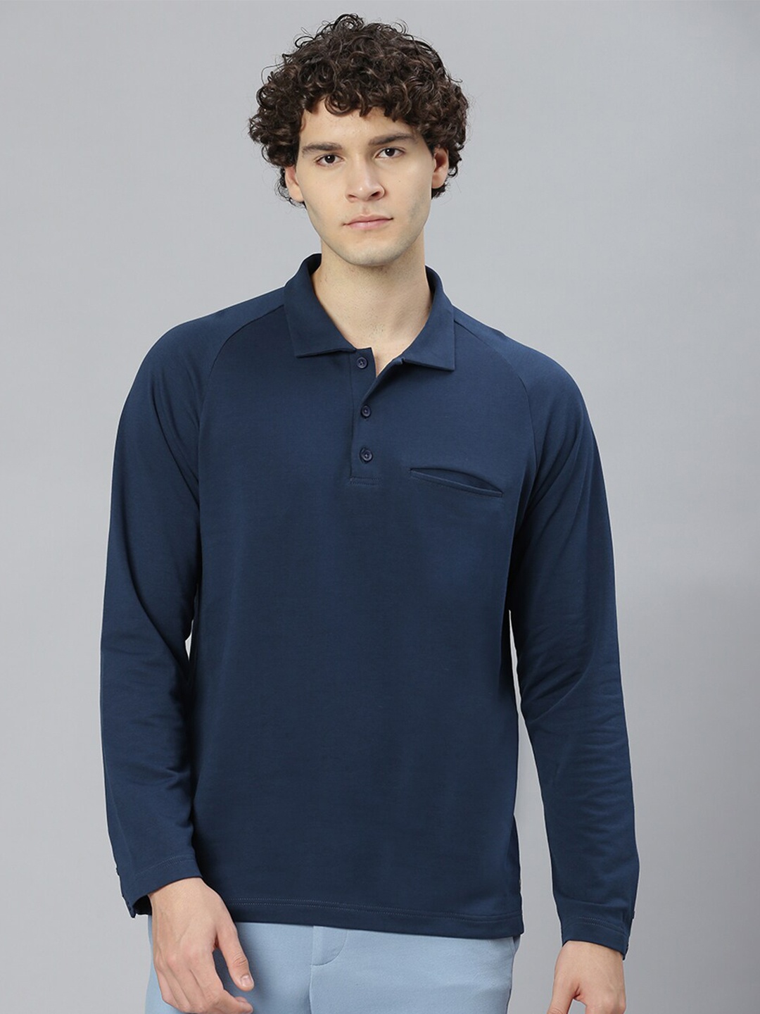 

Slowave Polo Collar Raglan Sleeve Cotton T-shirt, Navy blue