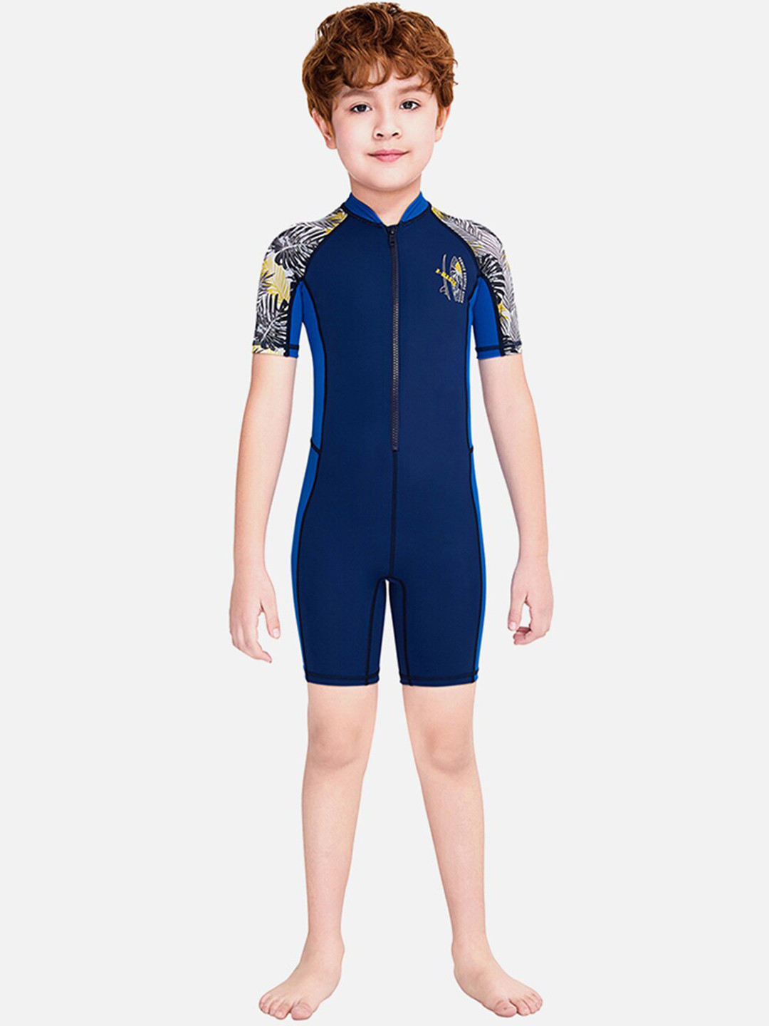 

Little Surprise Box LLP Kids Palm Leaves Printed Sleeves UPF 50+ Spandex Swimwear, Blue
