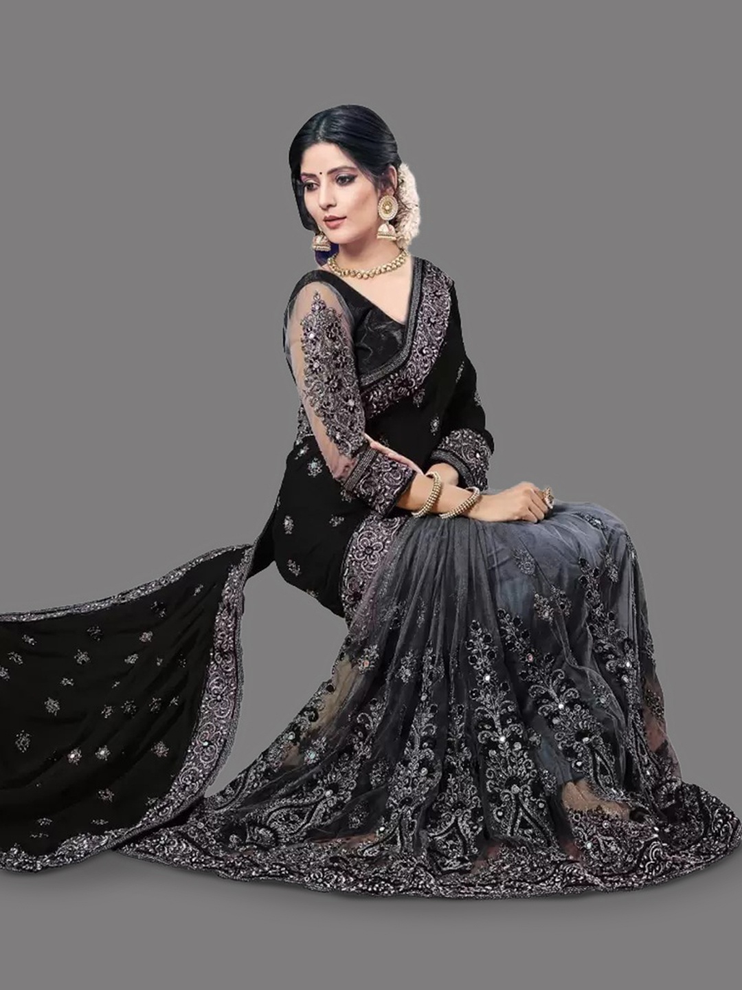

APNISHA Ethnic Motifs Embroidered Saree, Black