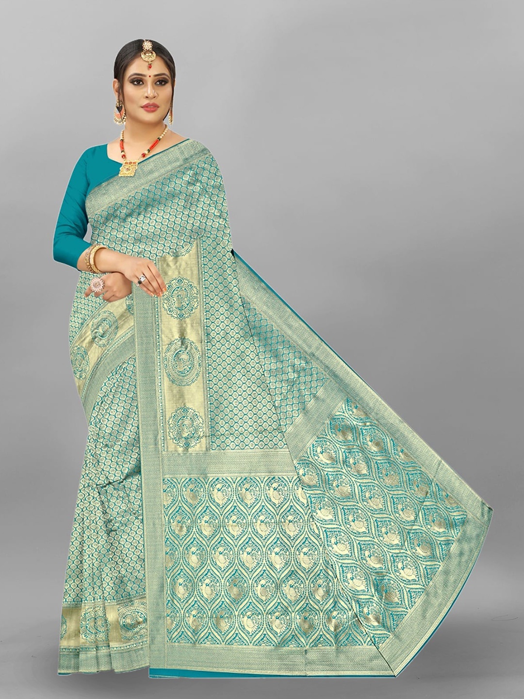 

APNISHA Ethnic Woven Design Zari Pure Silk Saree, Olive