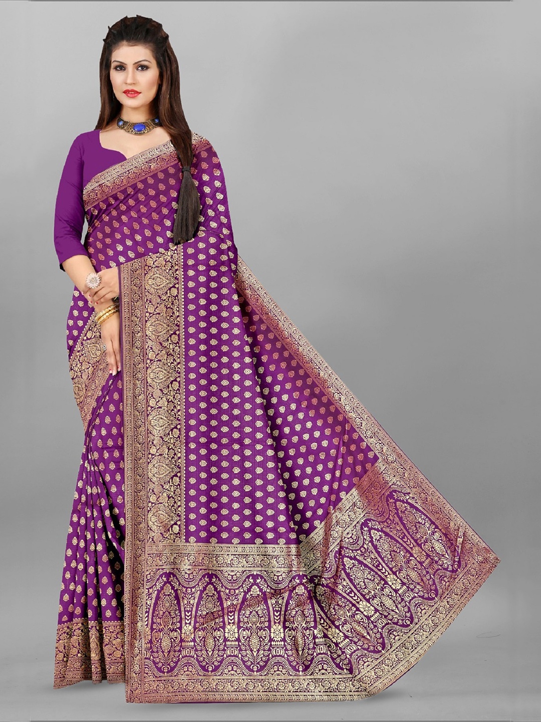 

APNISHA Woven Design Zari Pure Silk Saree, Purple