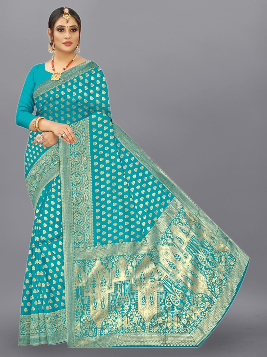 

APNISHA Ethnic Woven Design Zari Pure Silk Saree, Turquoise blue