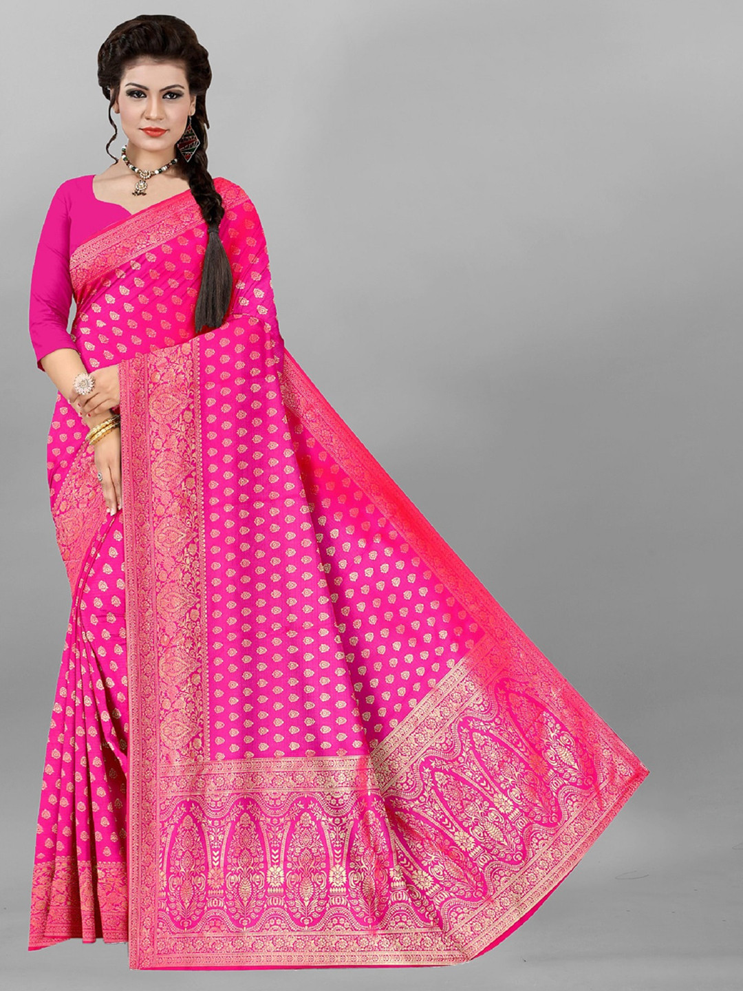 

APNISHA Ethnic Motif Woven Design Zari Pure Silk Saree, Pink