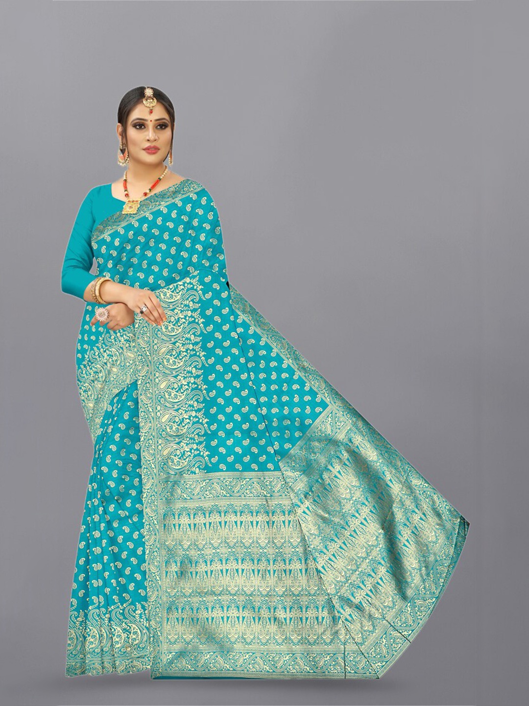 

APNISHA Paisley Woven Design Zari Pure Silk Saree, Blue