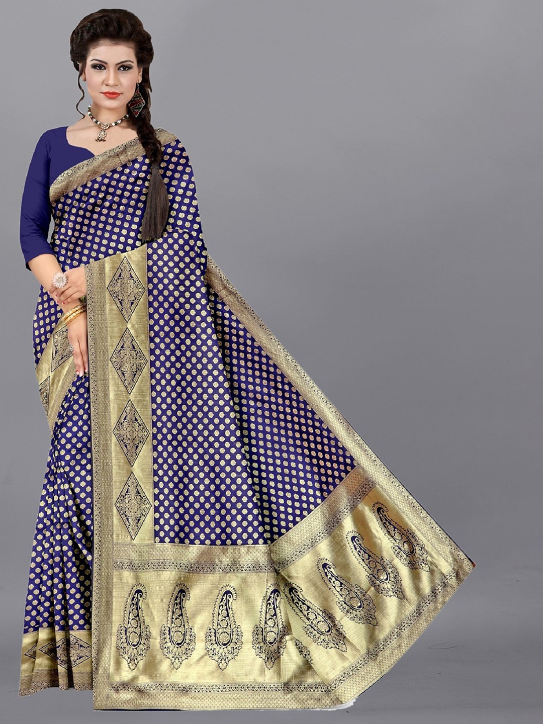 

APNISHA Ethnic Motif Woven Design Zari Pure Silk Saree, Navy blue