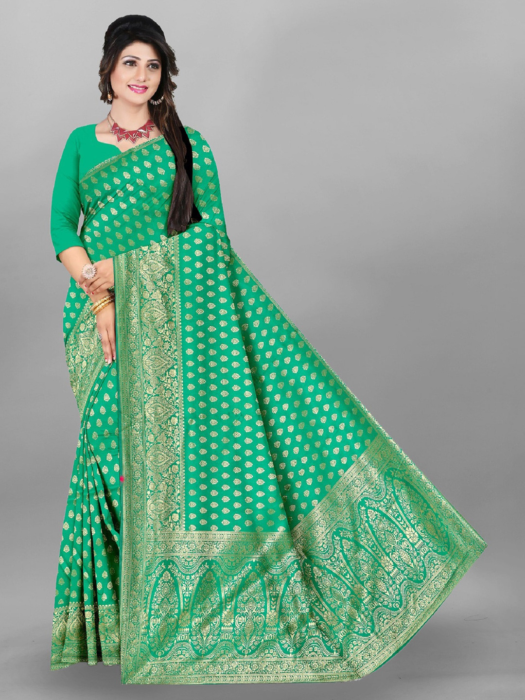 

APNISHA Ethnic Woven Design Zari Pure Silk Saree, Green
