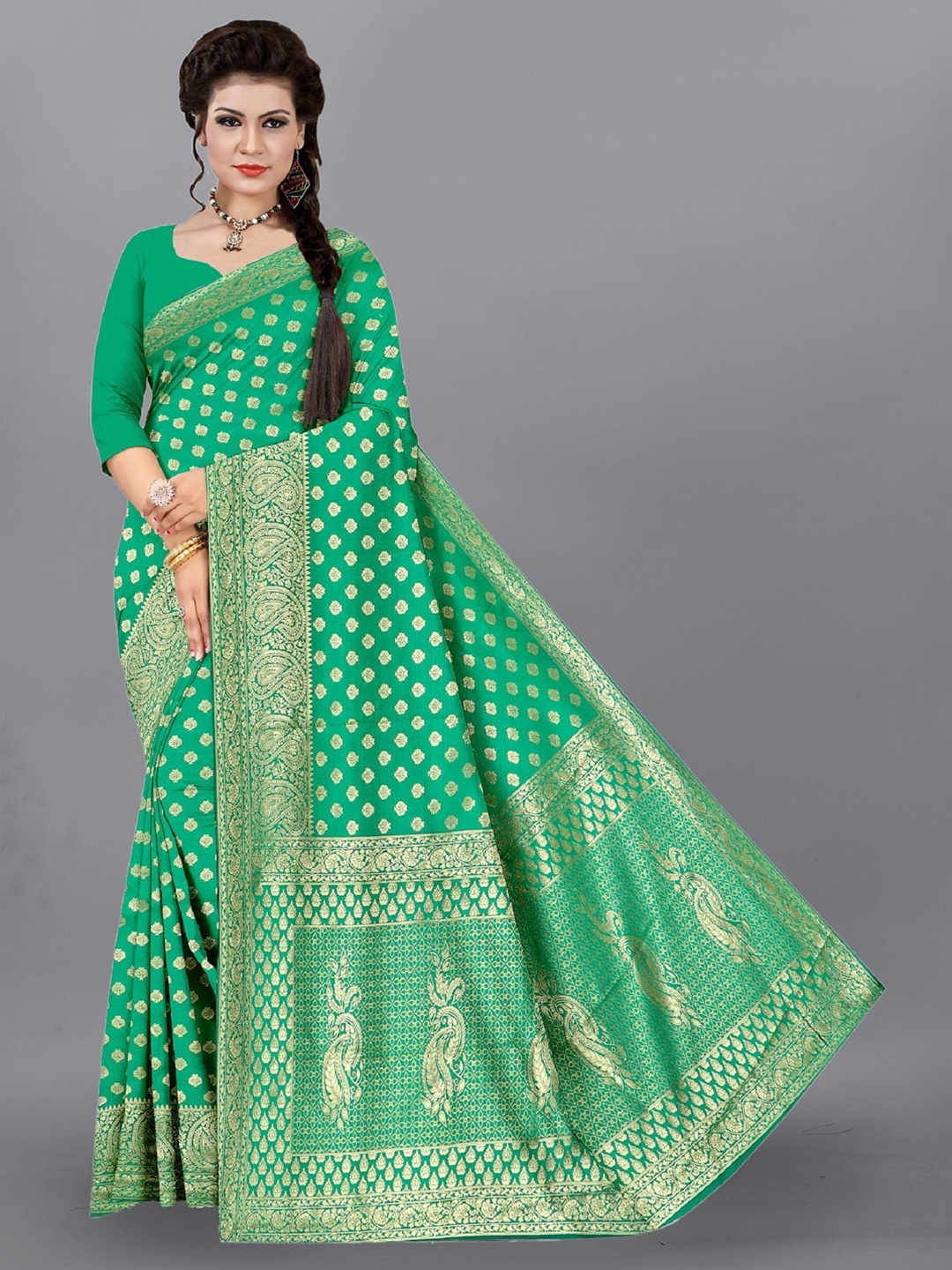 

APNISHA Ethnic Woven Design Zari Pure Silk Saree, Green