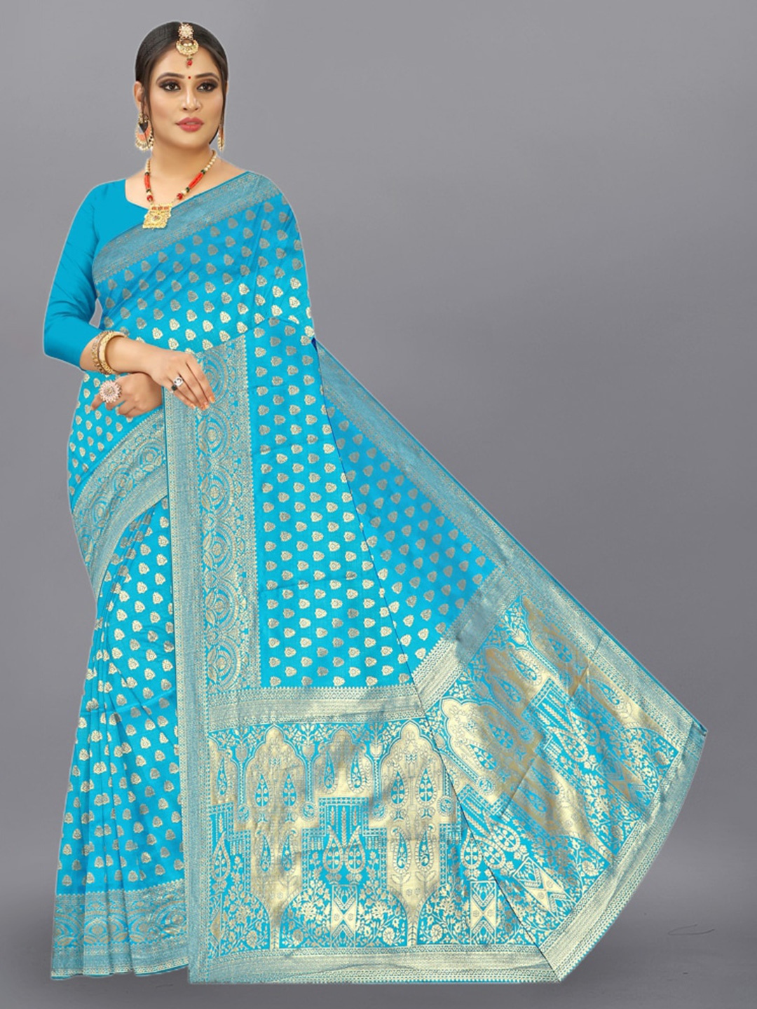 

APNISHA Ethnic Woven Design Zari Pure Silk Saree, Turquoise blue