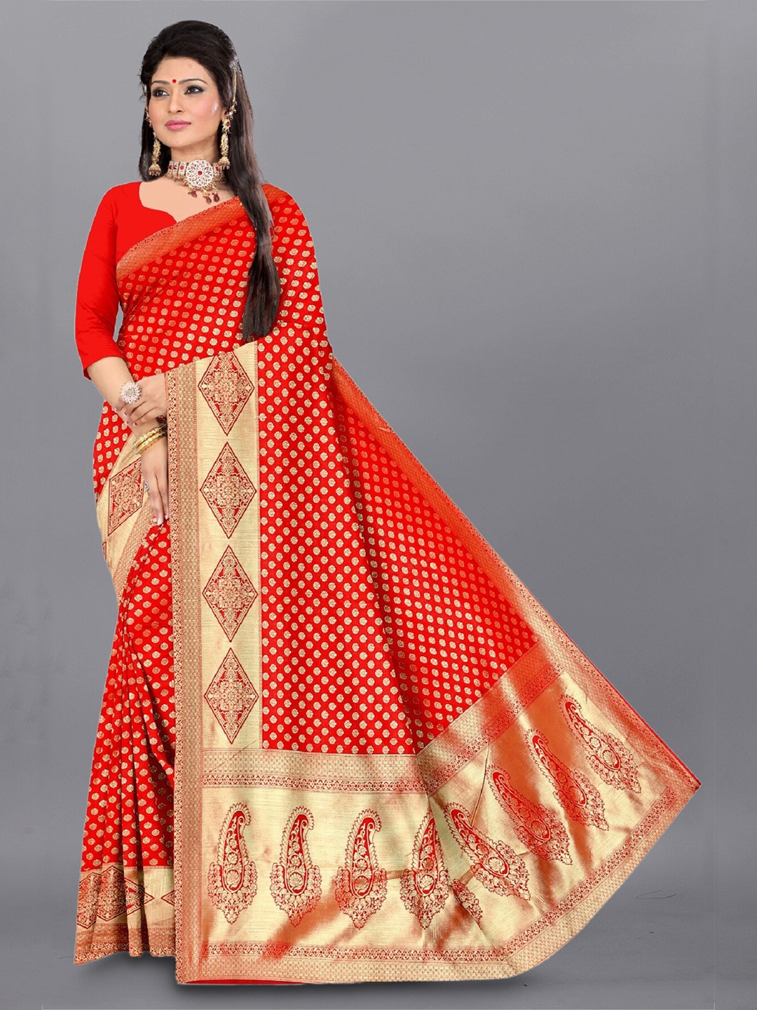 

APNISHA Ethnic Motif Woven Design Zari Pure Silk Saree, Red
