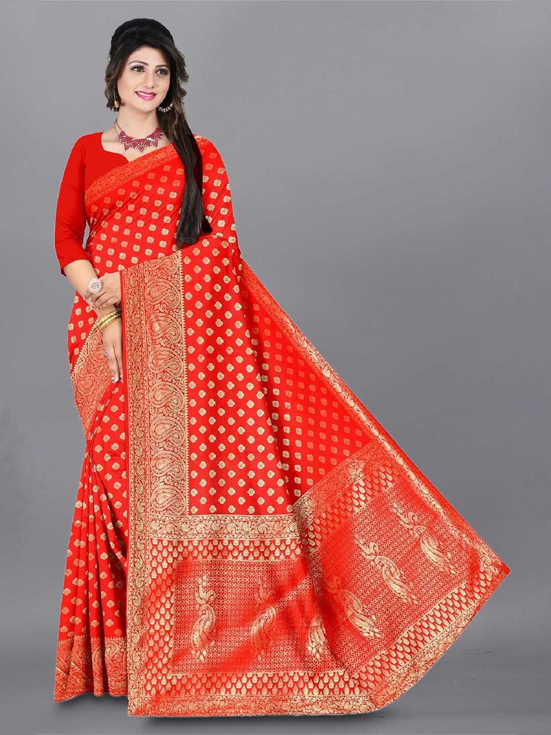 

APNISHA Ethnic Motif Woven Design Zari Pure Silk Saree, Red