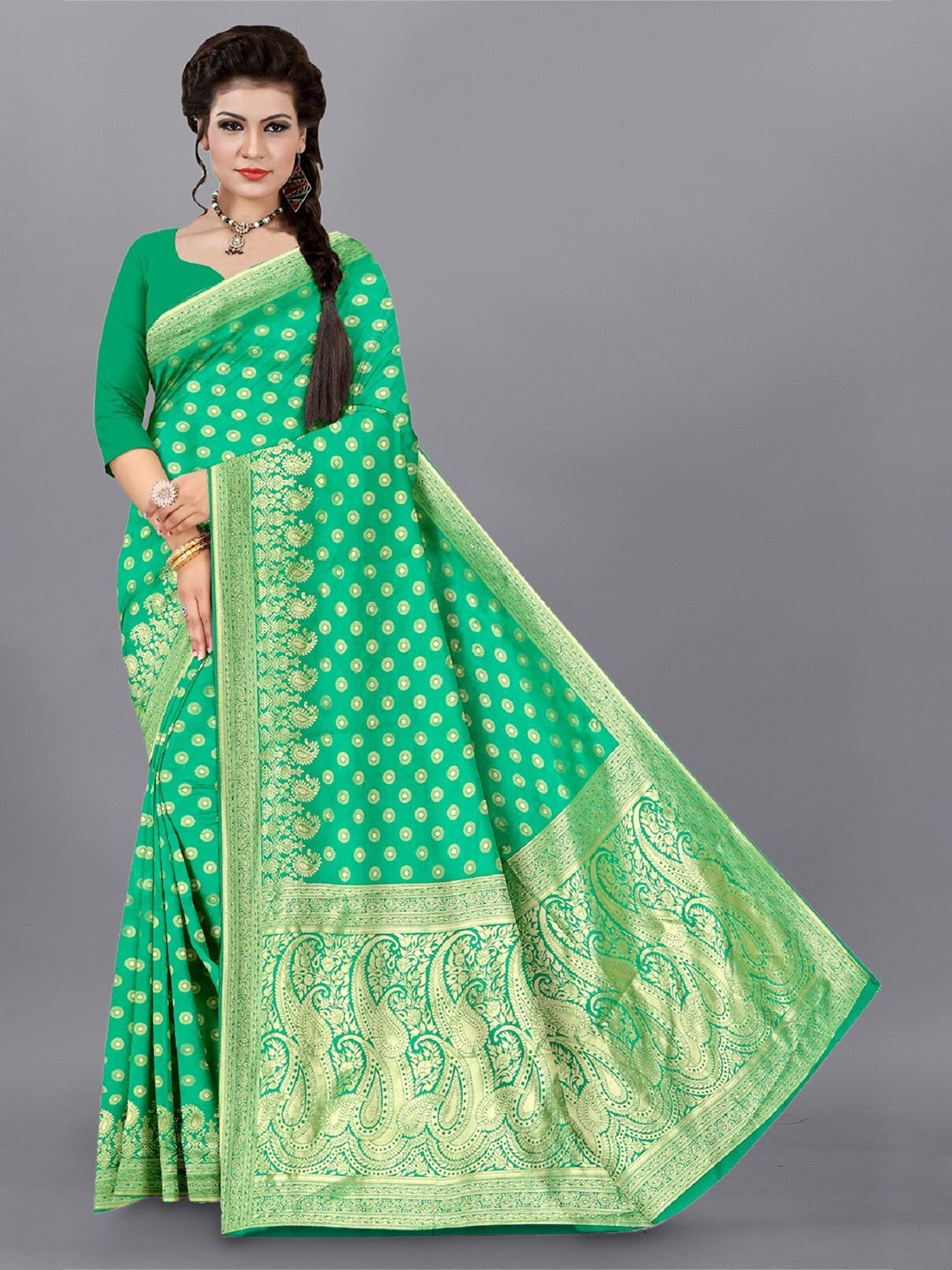 

APNISHA Ethnic Motif Woven Design Zari Pure Silk Saree, Green
