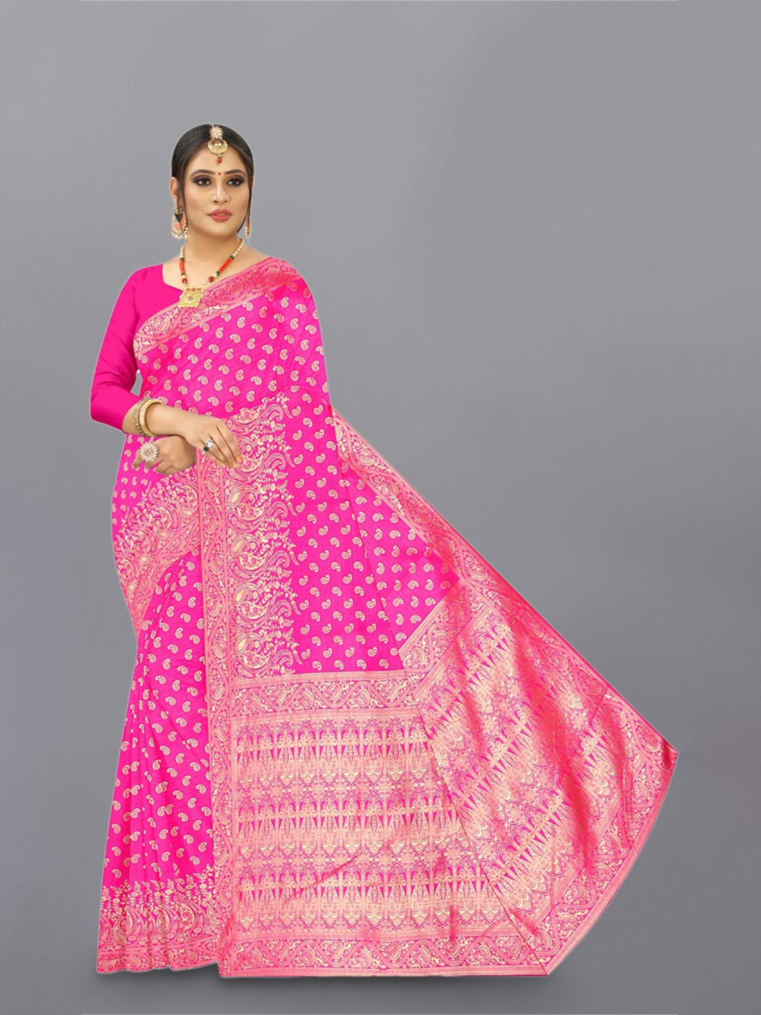 

APNISHA Paisley Woven Design Zari Pure Silk Saree, Pink