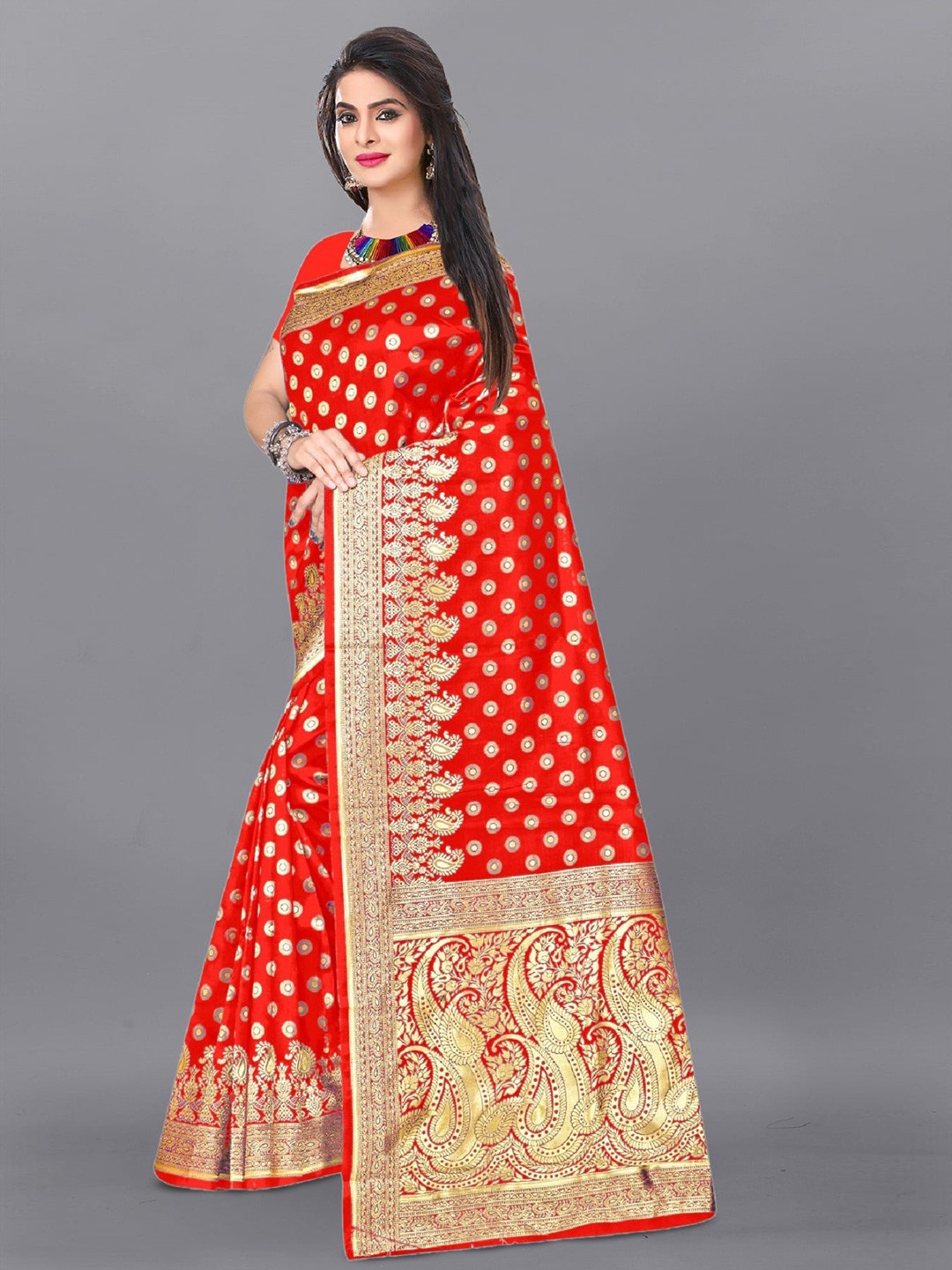

APNISHA Ethnic Woven Design Zari Pure Silk Saree, Red