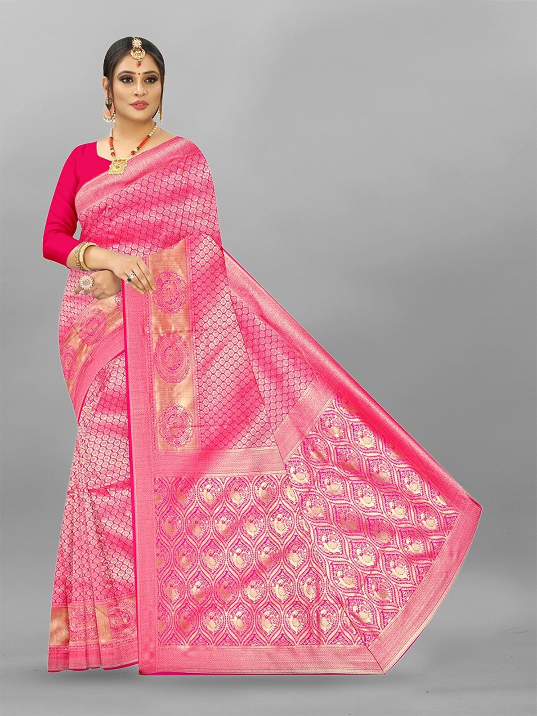 

APNISHA Ethnic Motif Woven Design Zari Pure Silk Saree, Pink