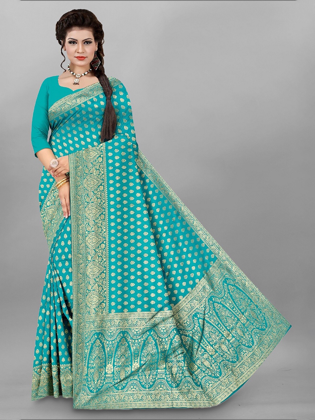 

APNISHA Ethnic Motif Woven Design Zari Pure Silk Saree, Sea green