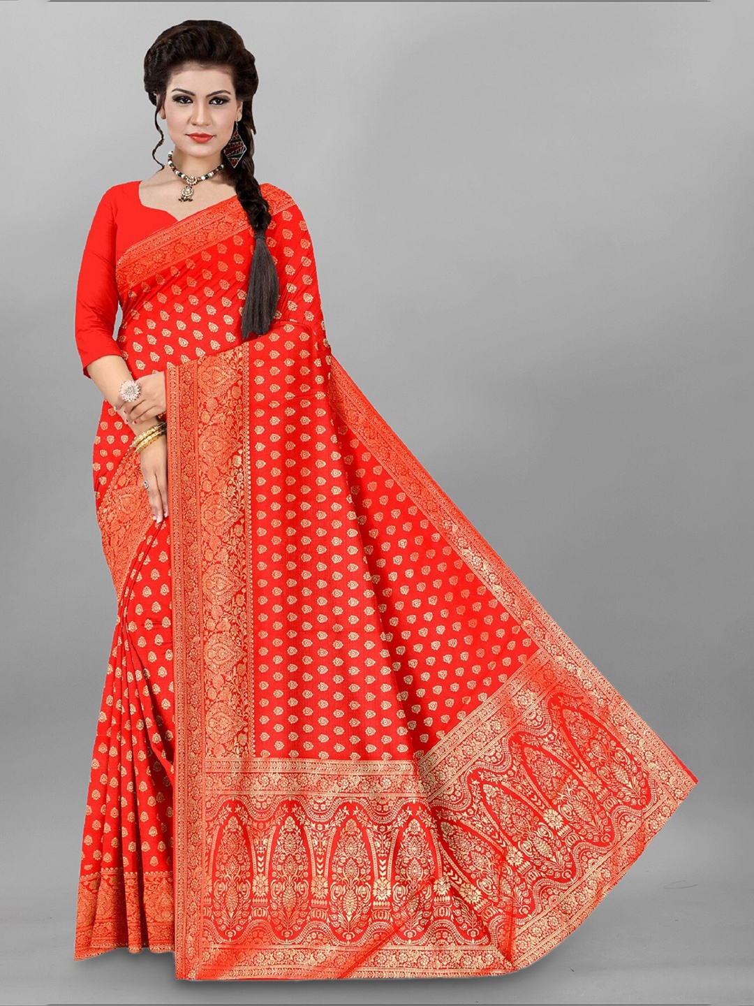 

APNISHA Ethnic Motif Woven Design Zari Pure Silk Saree, Red
